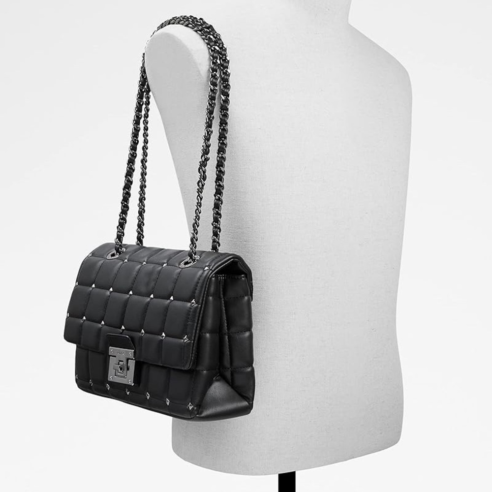 Aldo Olelirin Black Quilted Vegan Leather Silver Studded Crossbody Shoulder Bag - Picture 2 of 16
